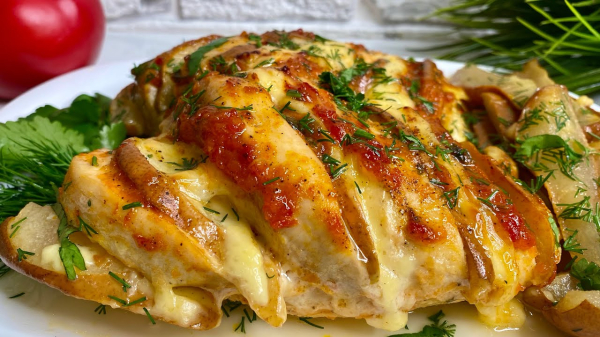 Жареная курица с грушами и зеленым луком