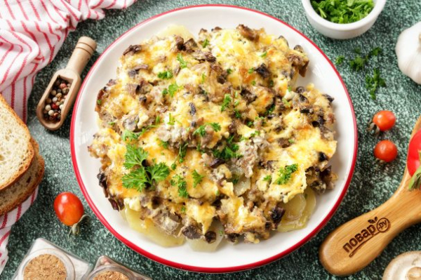 Картофель с фаршем и грибами Картофель с фаршем и грибами